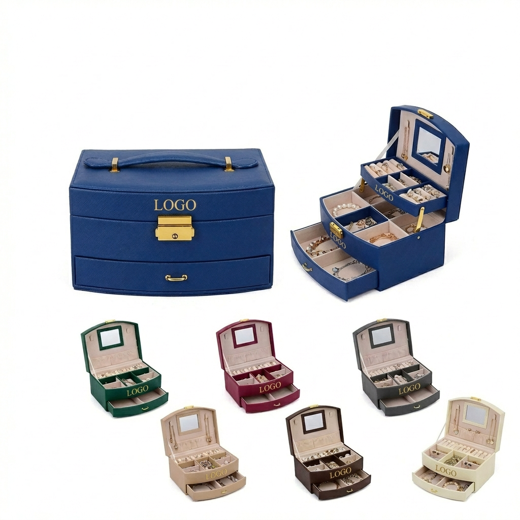 Elegant Hard-Shell Jewelry Box with Drawer & Mirror - Multi-Color Chic Organizer