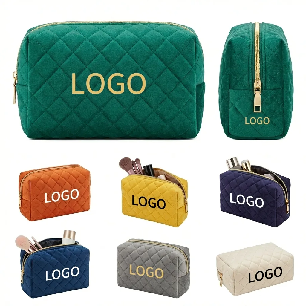 Quilted Velvet Travel Cosmetic Bag