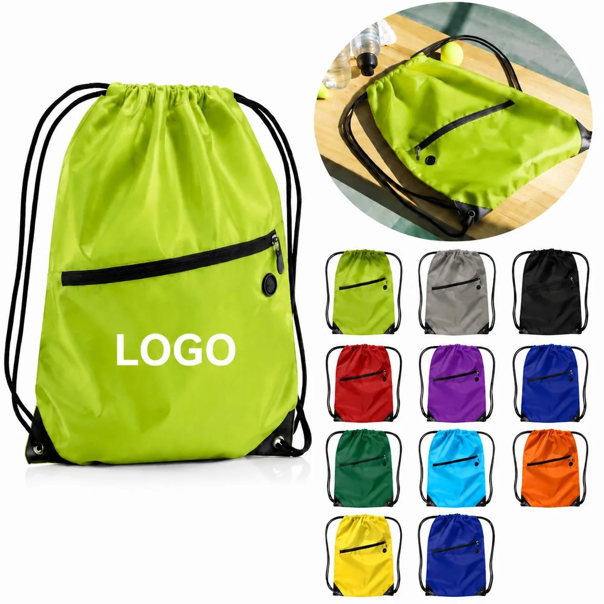 Nylon Drawstring Backpack with Zipper Pocket