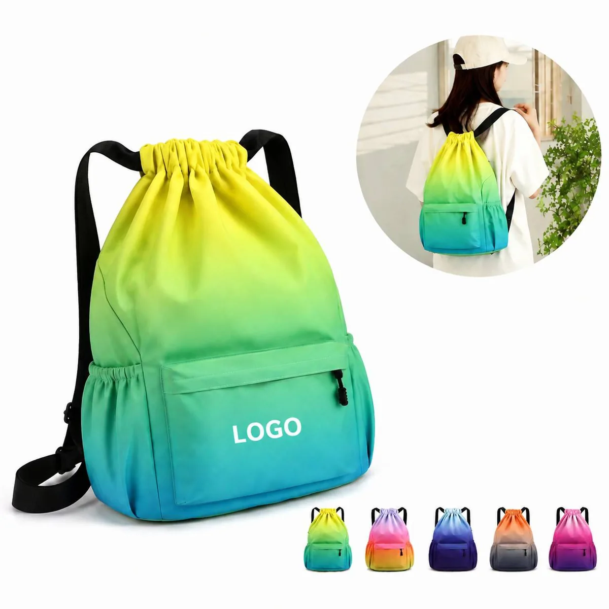 Water Resistant Nylon Drawstring Backpack for Gym Travel