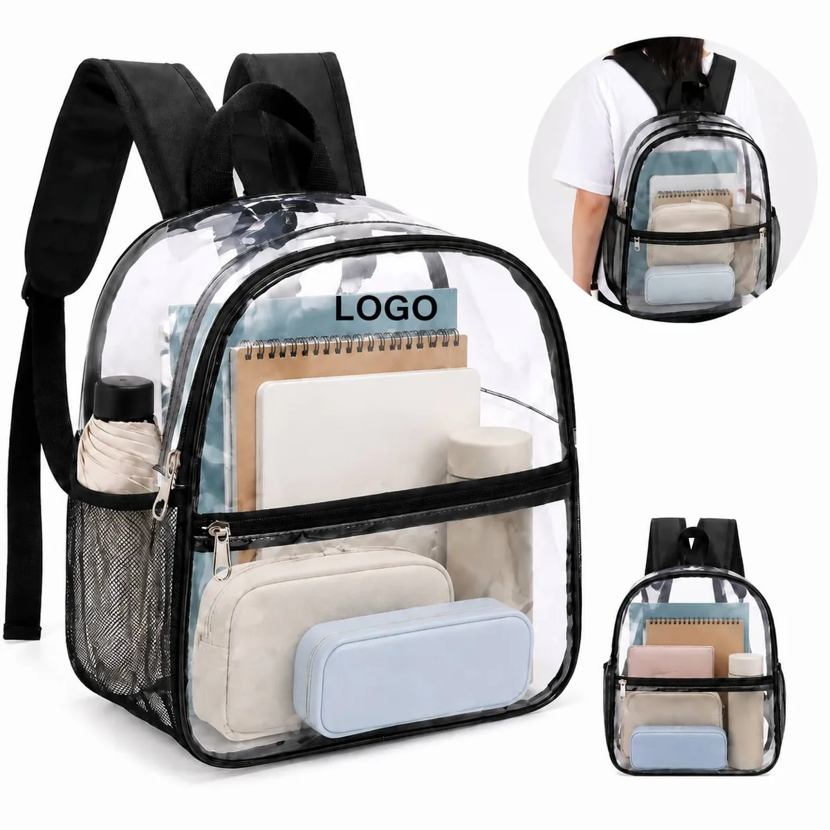 Clear PVC School Backpack with Mesh Water Bottle Pocket