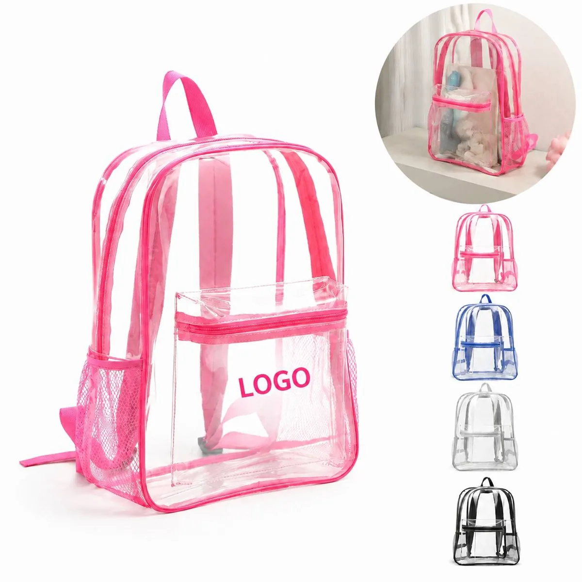 Clear PVC Backpack with Mesh Side Pockets, Padded Straps