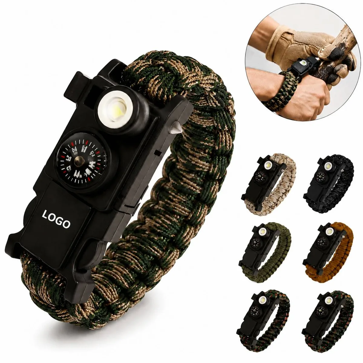 Survival Paracord Bracelet with Compass, LED Light, Whistle
