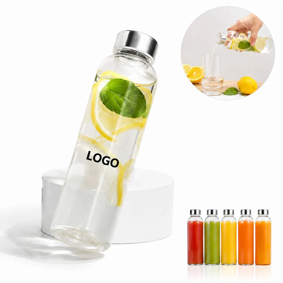 18oz Leakproof Glass Water Bottle with Stainless Steel Cap
