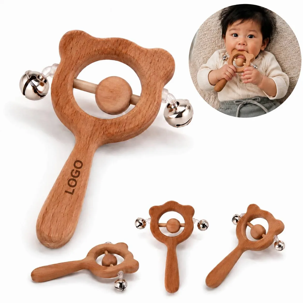 Wooden Animal Baby Bell Toy with Engravable Surface