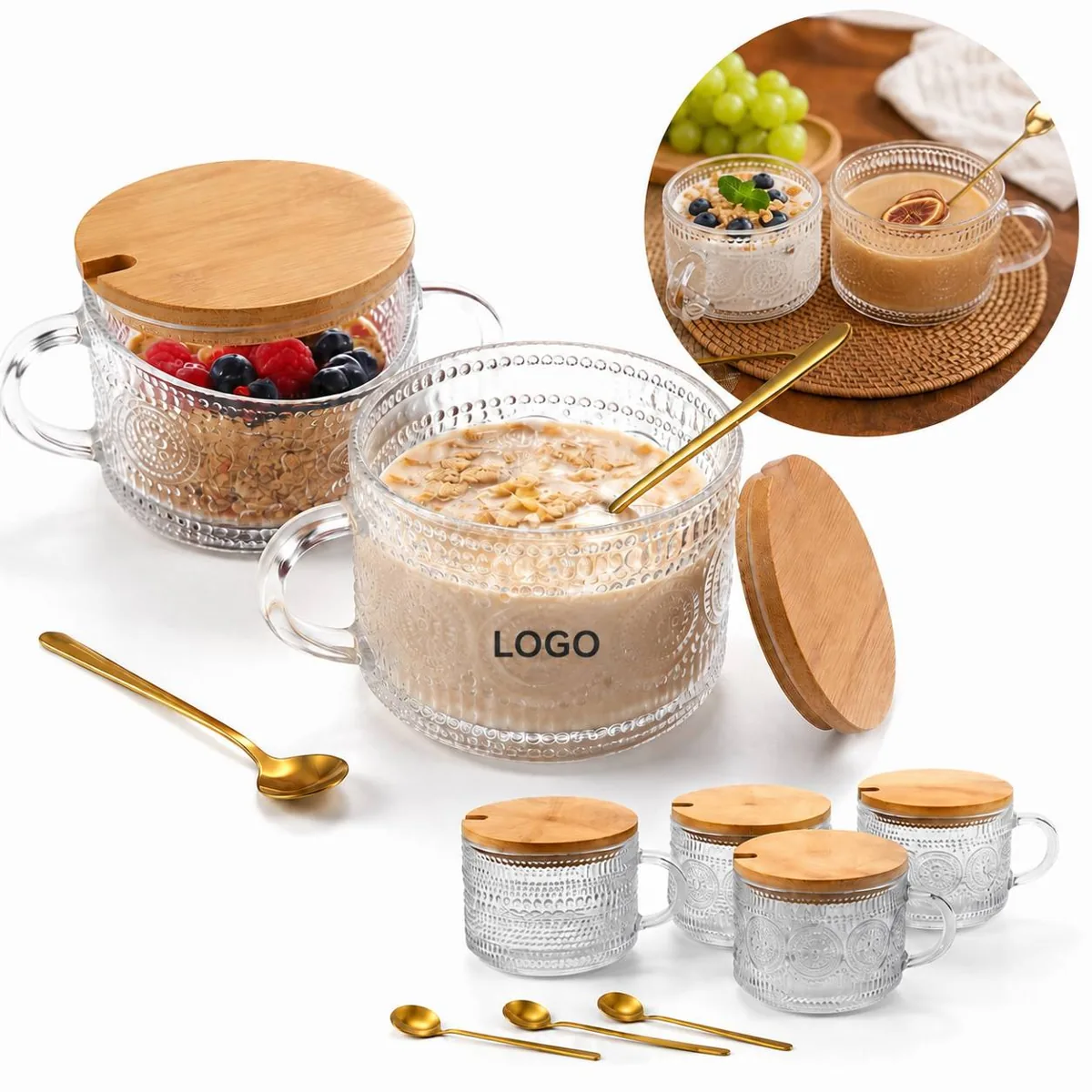 Vintage Clear Glass Coffee Mugs with Bamboo Lids & Gold