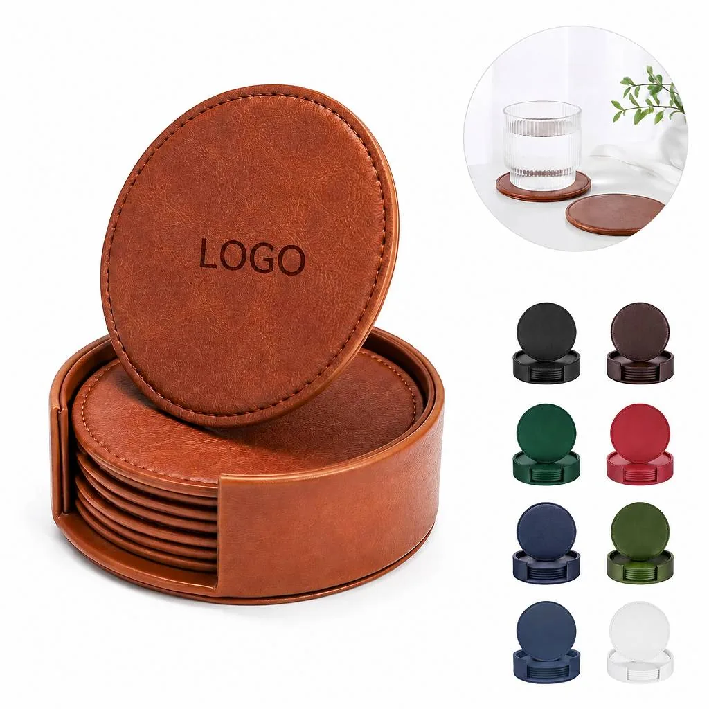 Genuine Leather Coaster Set with Wooden Stand