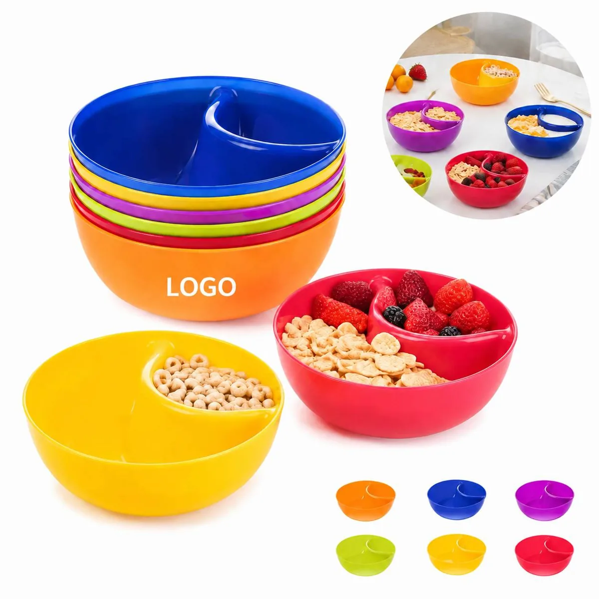 6 Pack Colorful Compartment Snack Bowls BPA Free Microwave