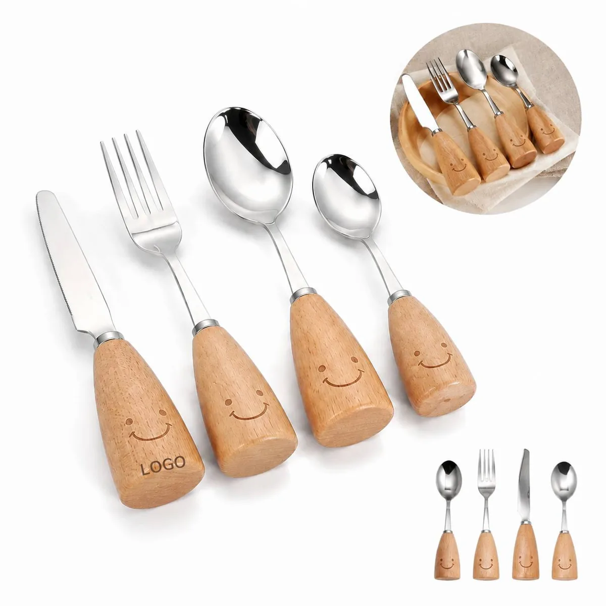 Kids Stainless Steel Flatware Set with Wooden Stand Handles