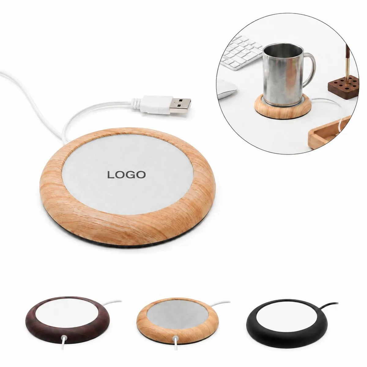 USB Cup Warmer Portable Coffee Heater Wood Grain Desk Mug
