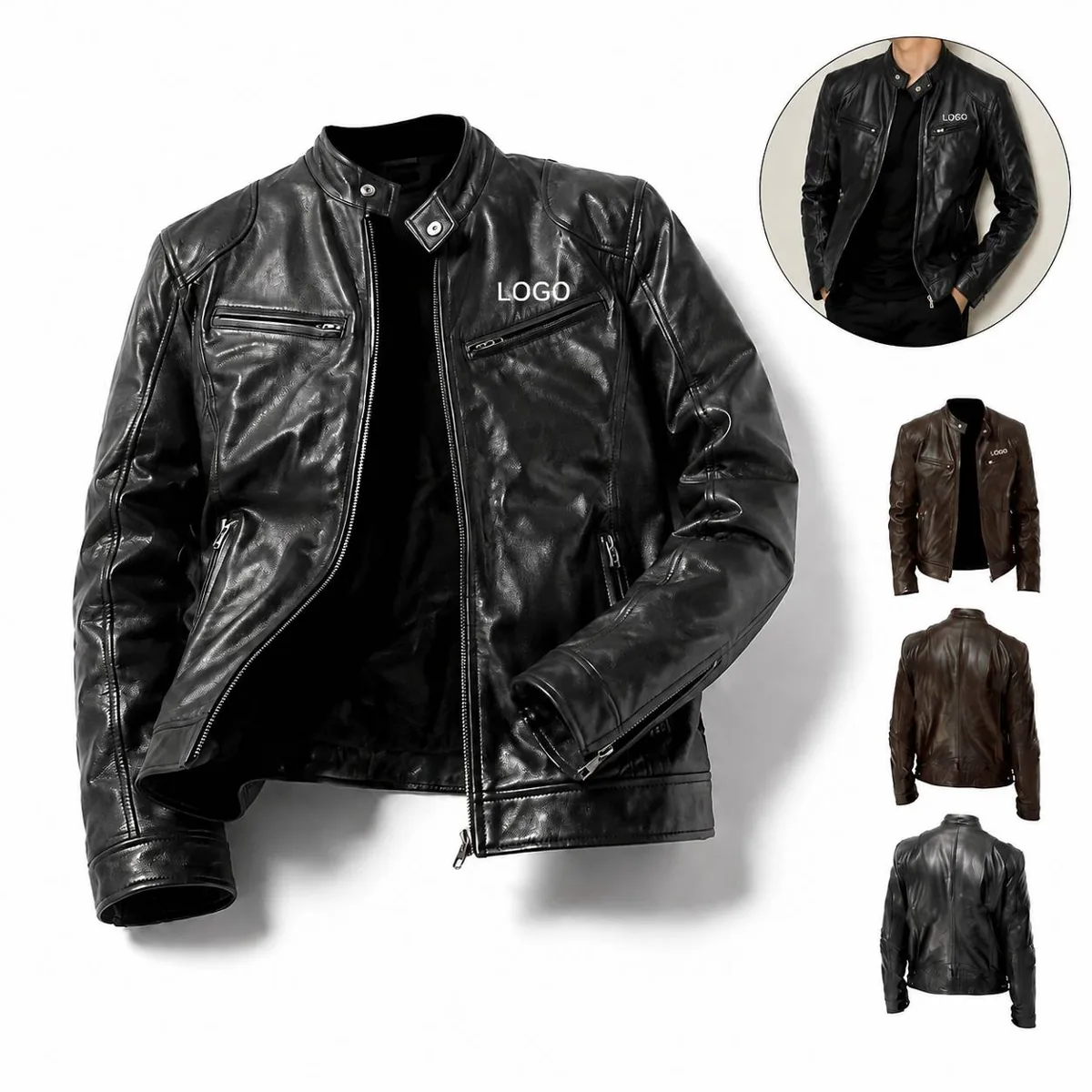 Suede Leather Biker Jacket with Stand Collar & Zip Pockets