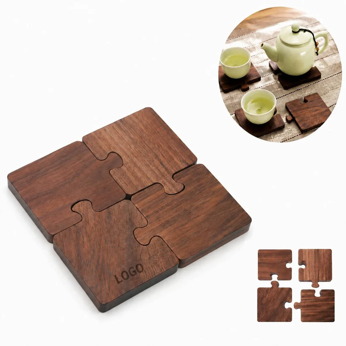 Wooden Puzzle Coasters Set, Handcrafted Drink Mats