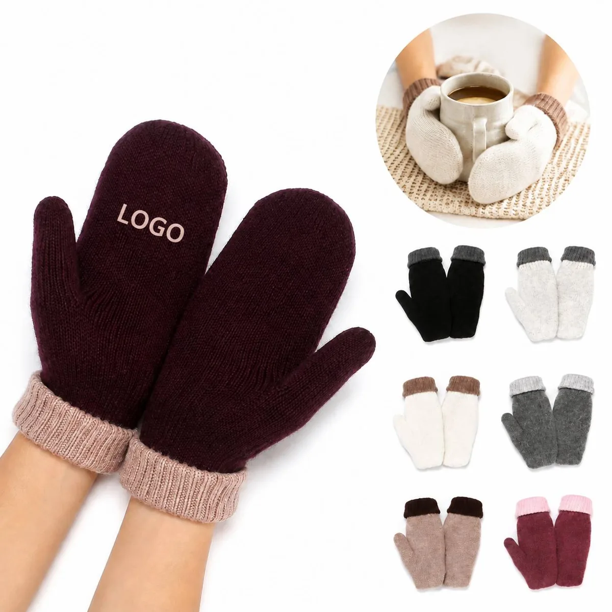 Bicolor Knit Mittens, Rabbit Hair Blend, Warm Winter Gloves