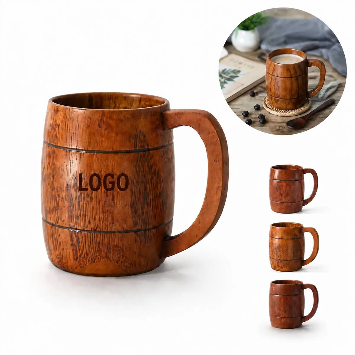 Vintage Handcrafted Wooden Beer Stein with Natural Grain