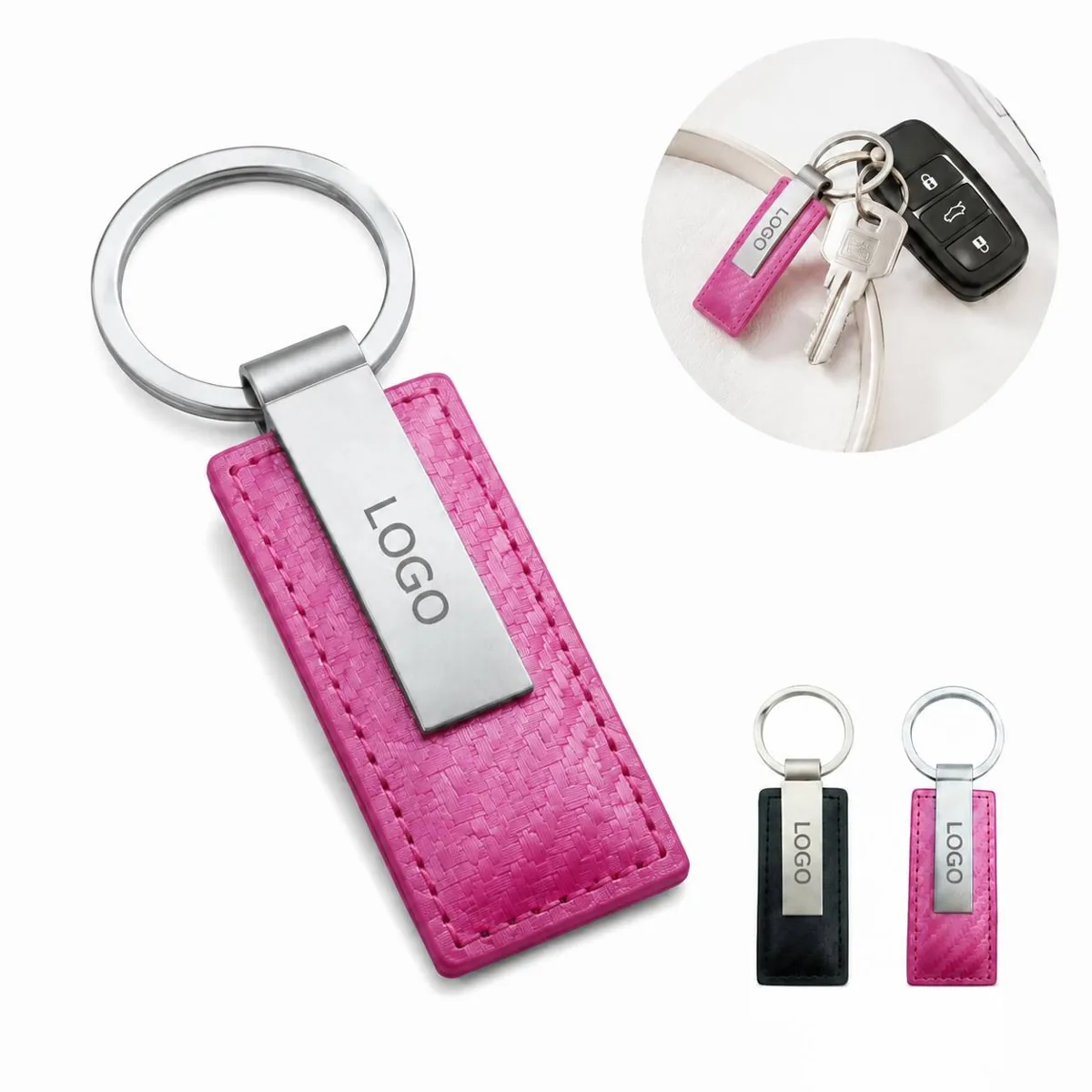 Genuine Leather Rectangular Keychain Ring with Premium Cover