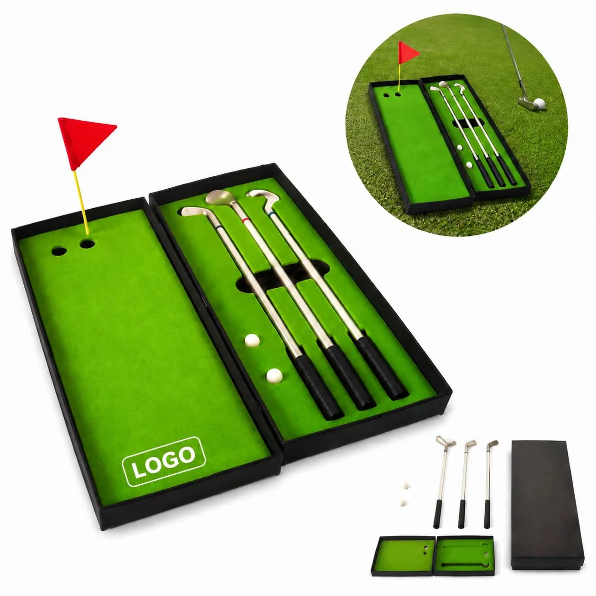 Mini Golf Club Ball Pen Set with Flag - 3 Pens, 2 Balls