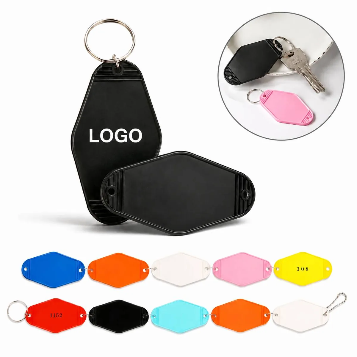 Rhombus Plastic Key Tags with Metal Rings for Hotels Motels