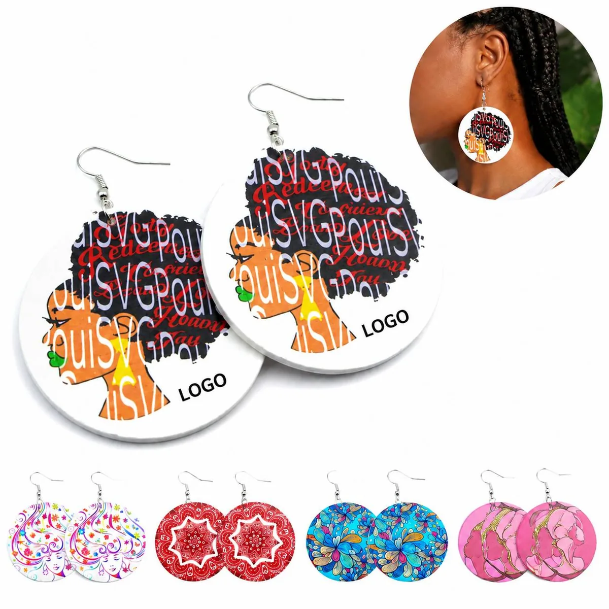 Handcrafted Round Wood Earrings African Tribal Design, 12