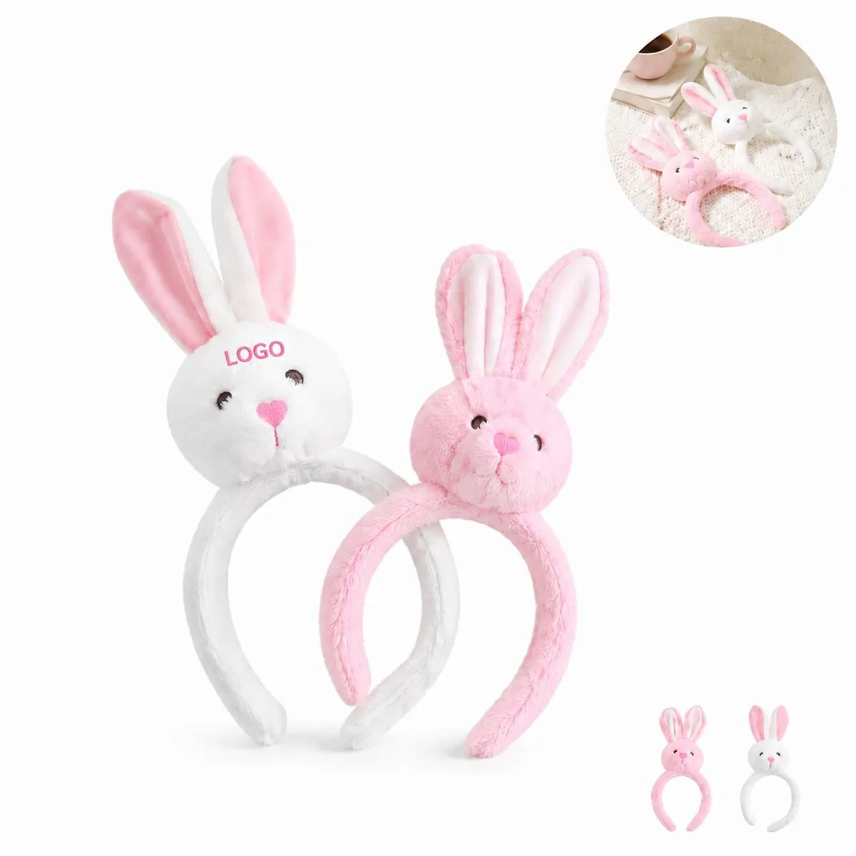 Pink White Bunny Decorative Headband, Embroidered Gift