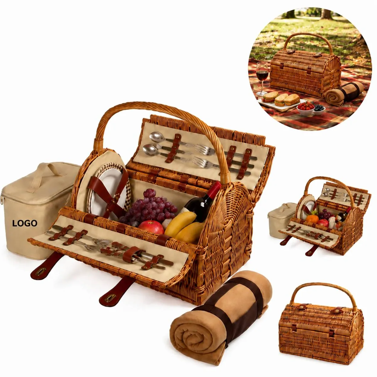 Handwoven Wicker Picnic Set for Two with Dining Essentials