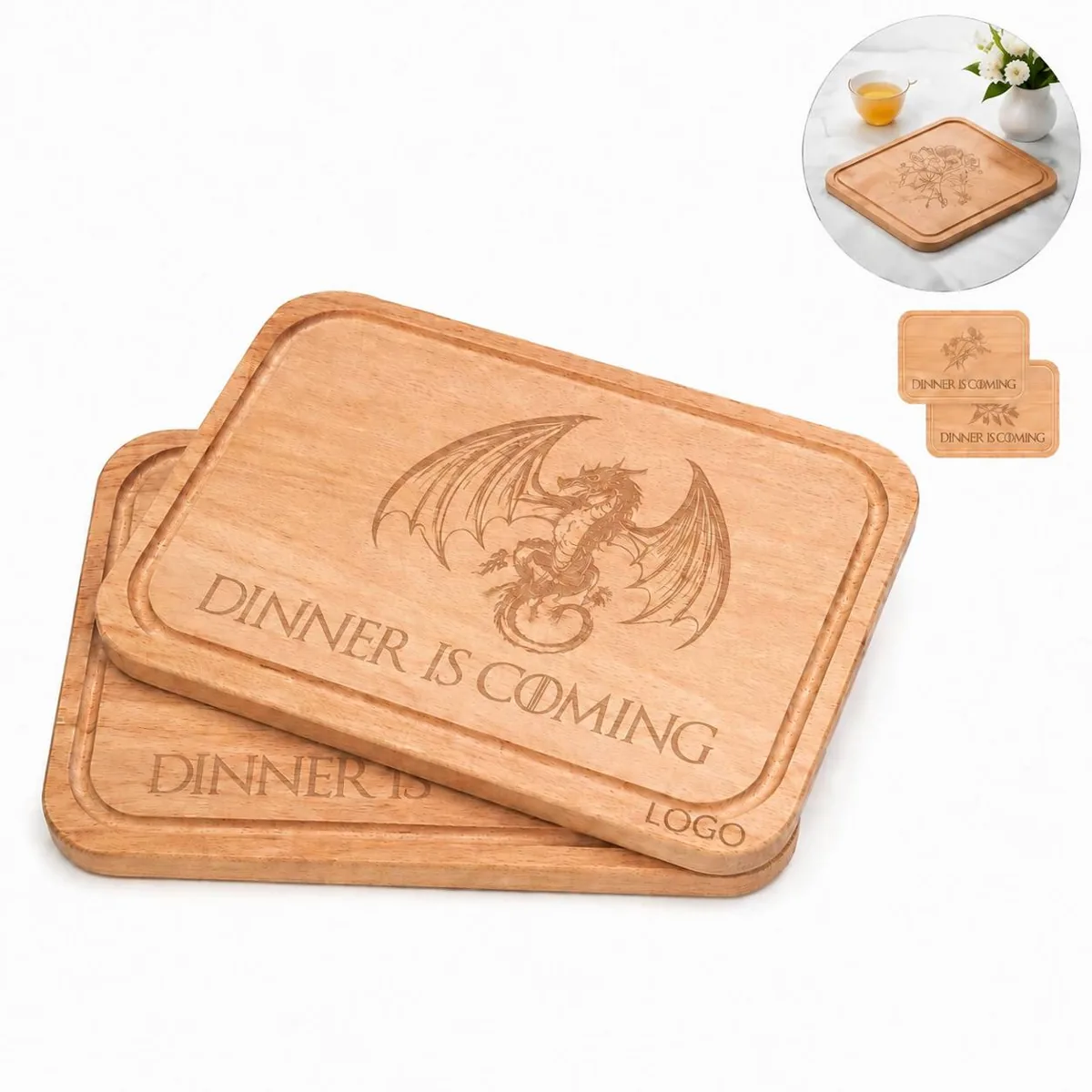Natural Wood Cutting Board with Juice Groove, Oil-Treated