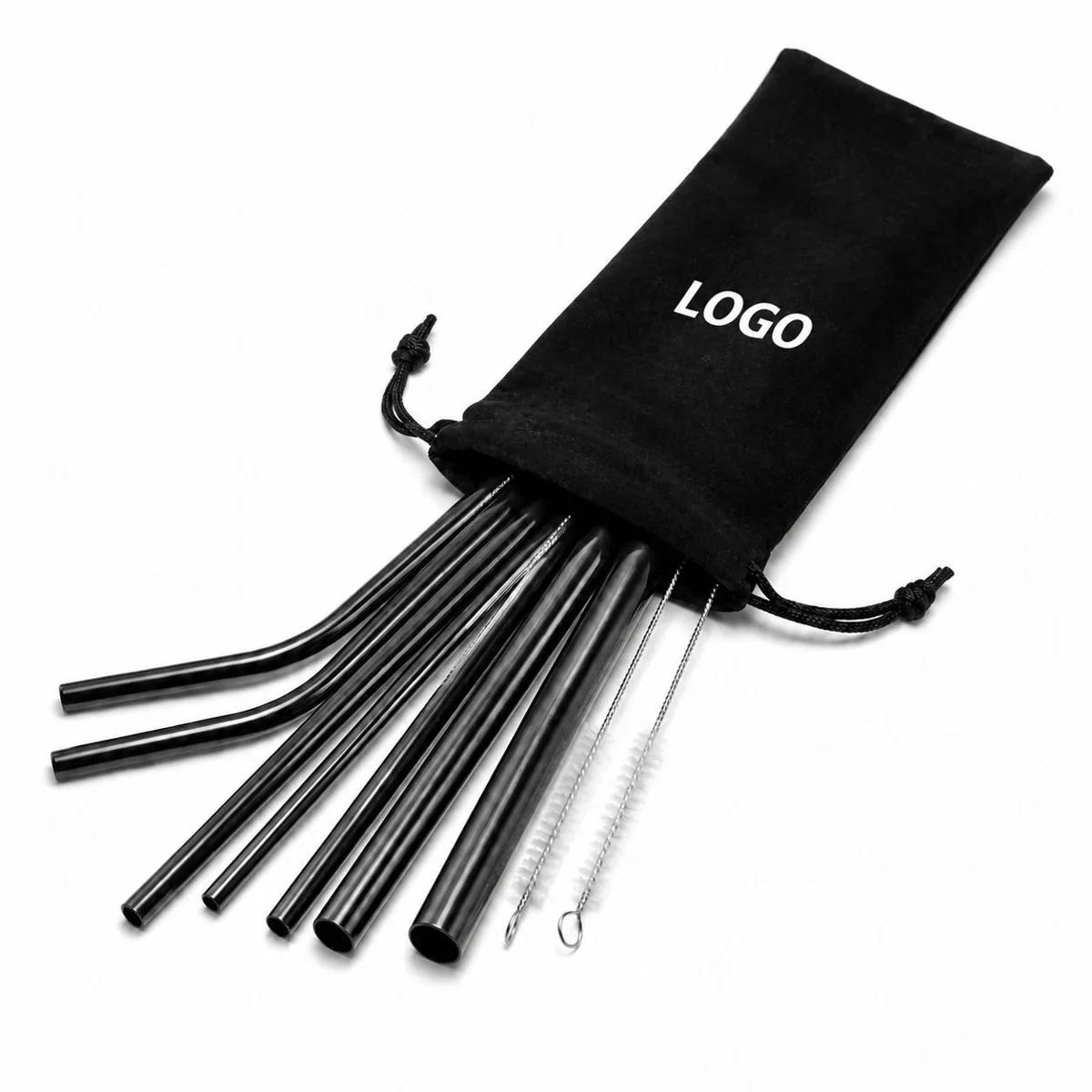 Reusable Black Metal Straws Kit with Travel Pouch