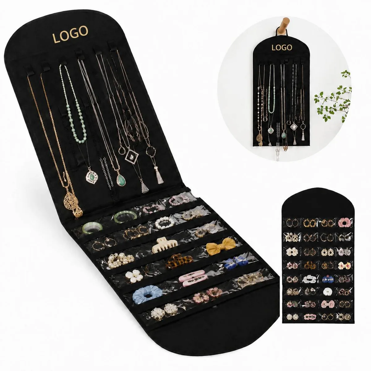 Travel Jewelry Organizer Roll with 32 Clear PVC Pockets