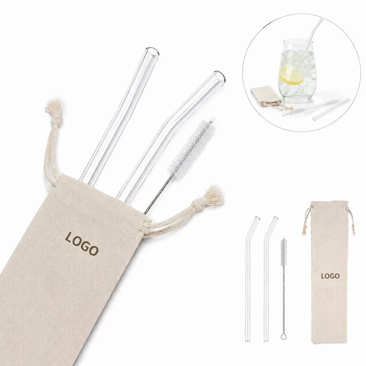 Curved Glass Straws Set of 2 with Cleaning Brush