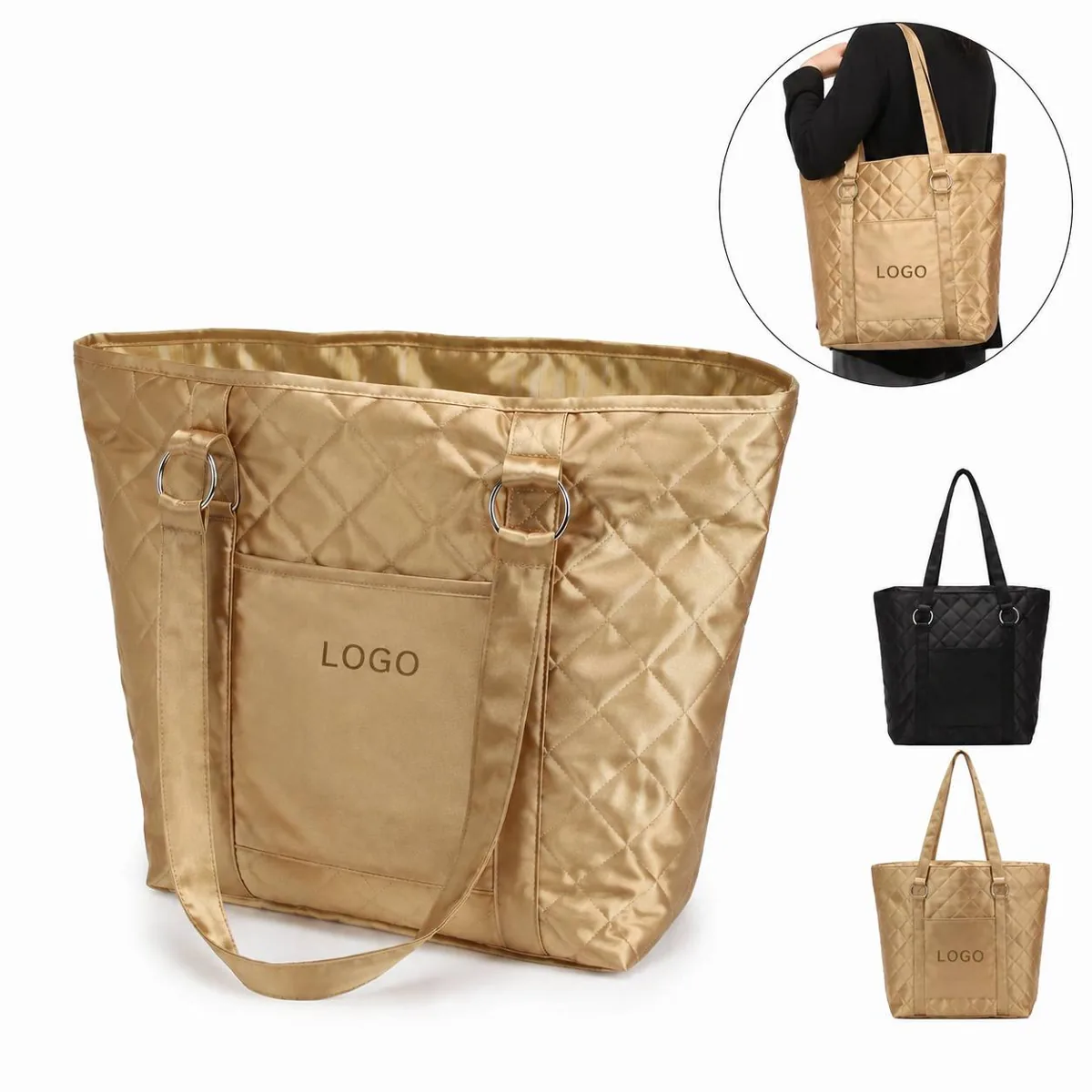 Ladies Quilted Microfiber Tote Bag with Front Pocket