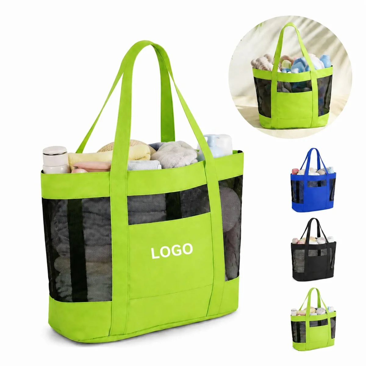Mesh Front Pocket Beach Tote Bag with Breathable Side Panels