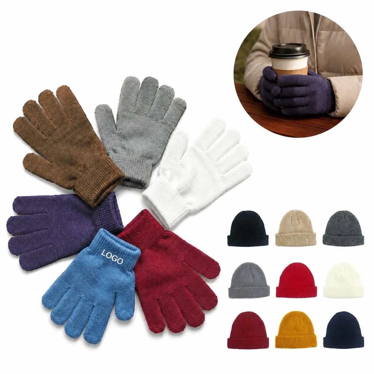 Winter Knit Beanie & Gloves Set for Adults, Stretch Fit