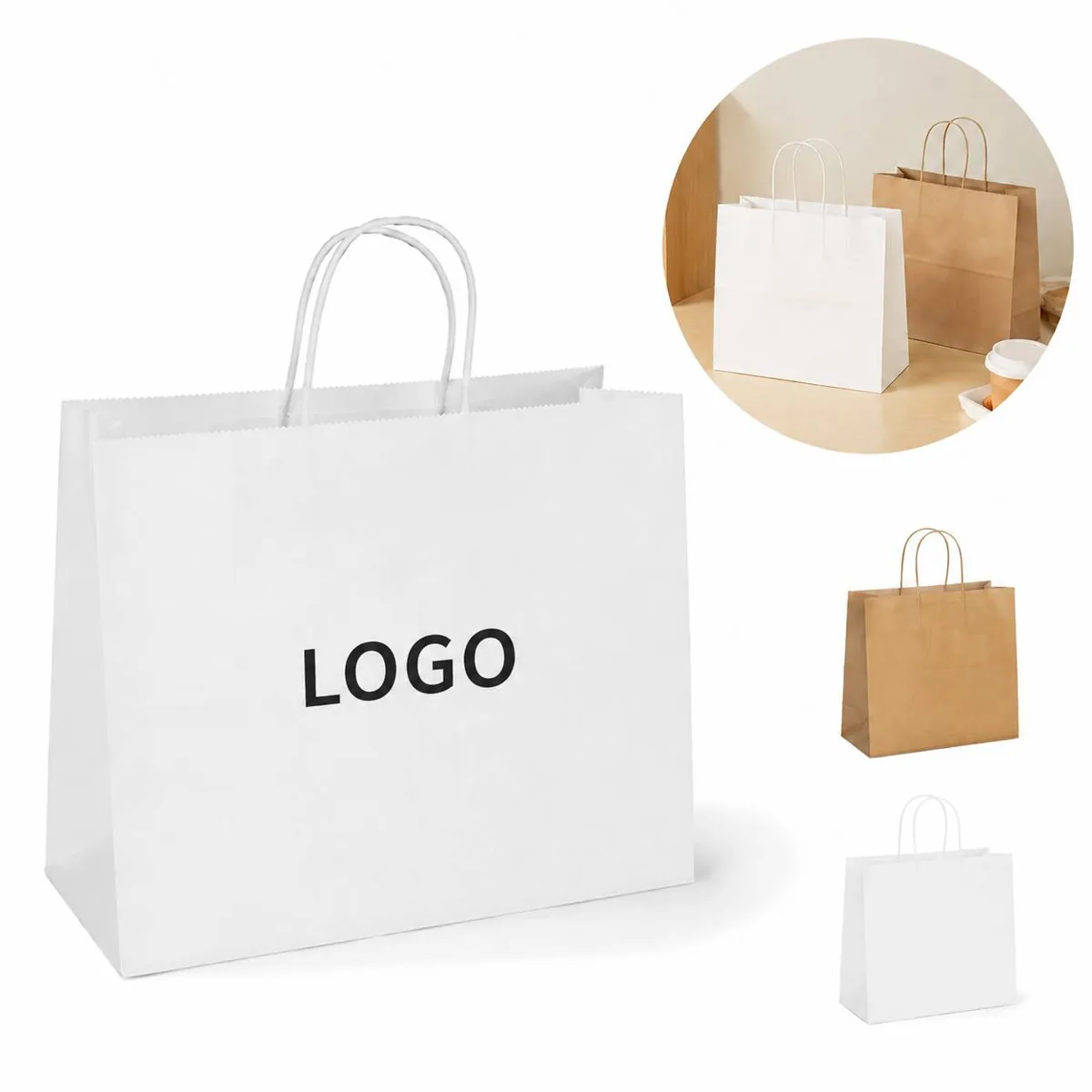 Kraft Paper Gift Bags with Rope Handles, Reinforced Bottom