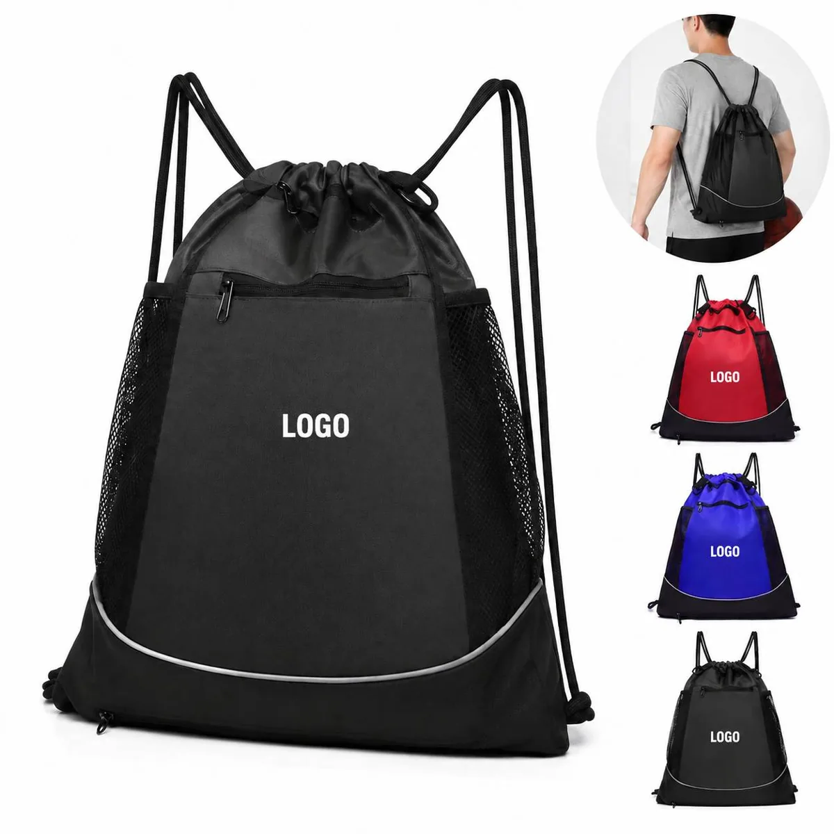 Nylon Drawstring Backpack with Zipper Pockets