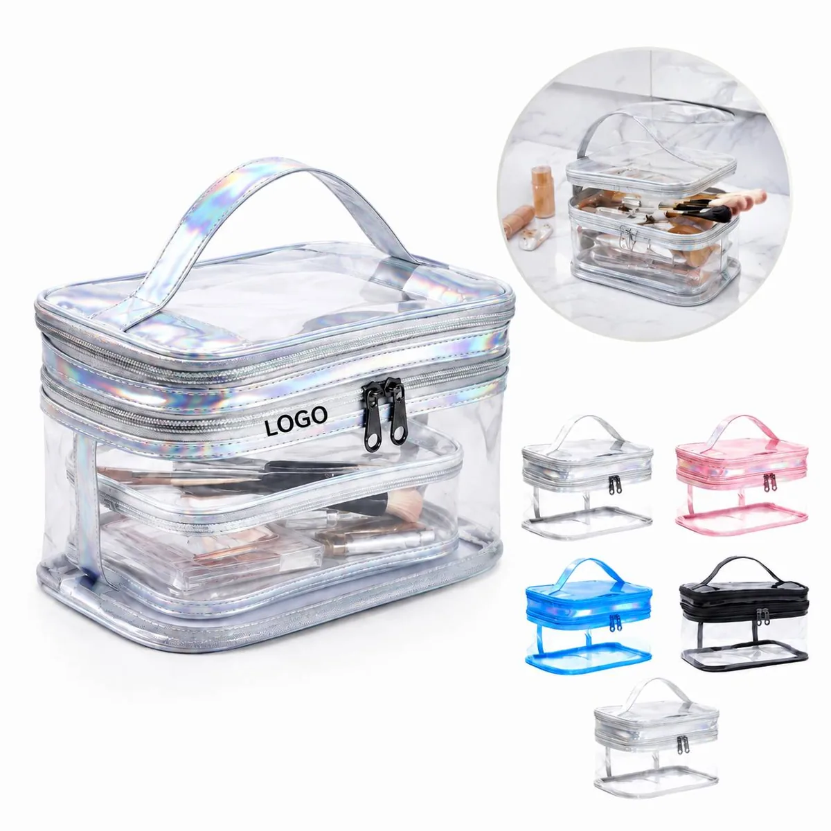 Clear Double Layer Makeup Organizer Bag with Iridescent