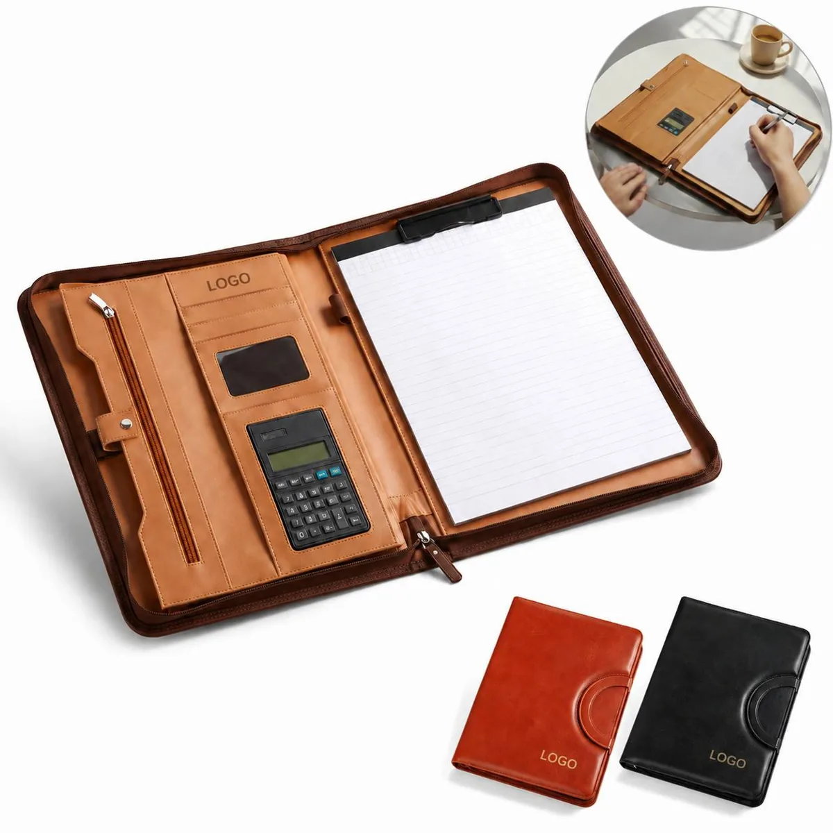 Solar Leather Portfolio Pad with Calculator & Card Slots