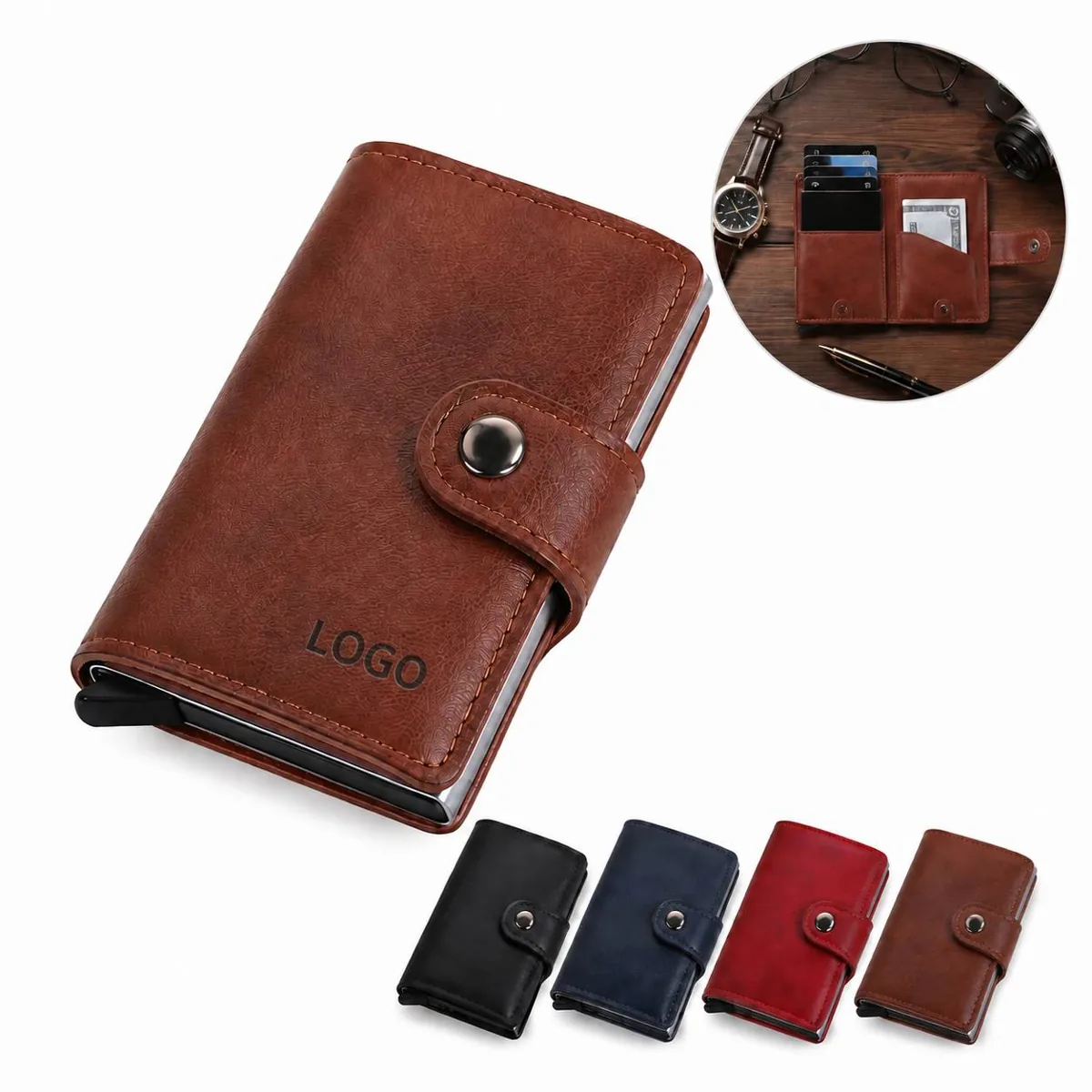 Slim RFID Card Wallet with Slide-Out Mechanism, Vintage PU