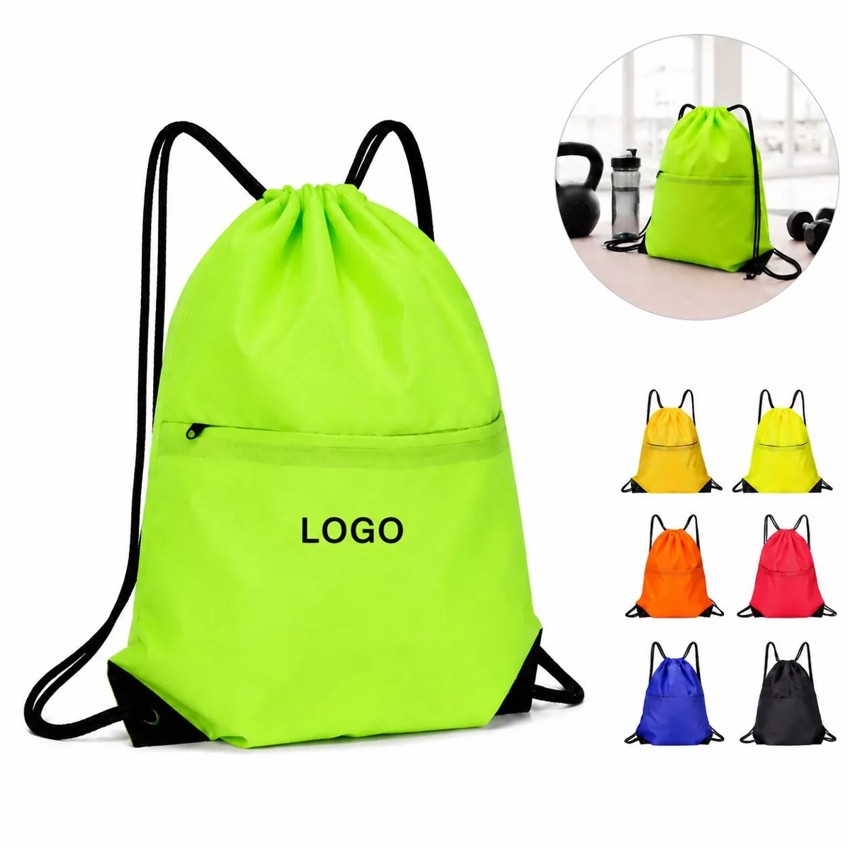 Nylon Drawstring Backpack with Front Zipper Pocket