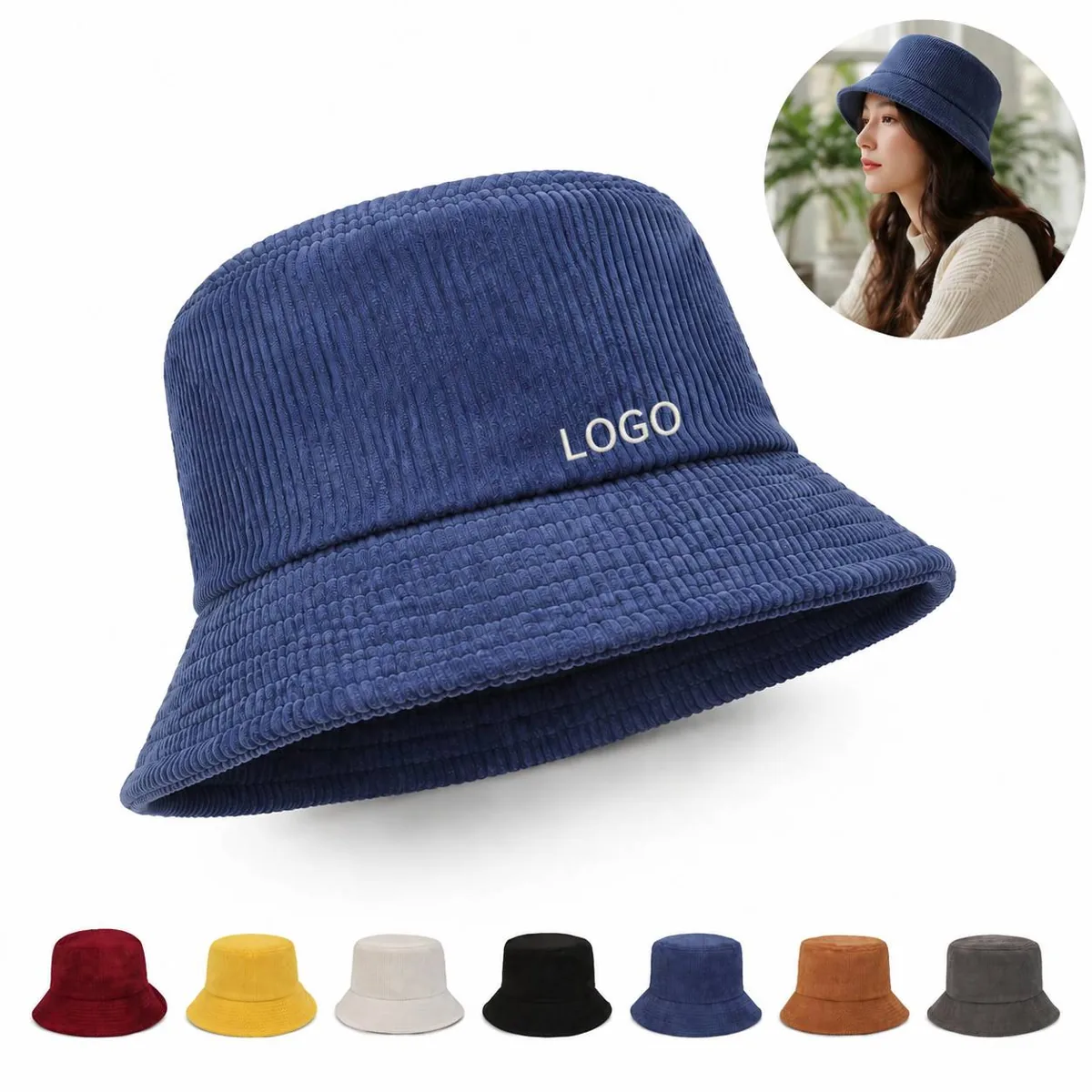 Embroidered Corduroy Bucket Hat for UV Protection