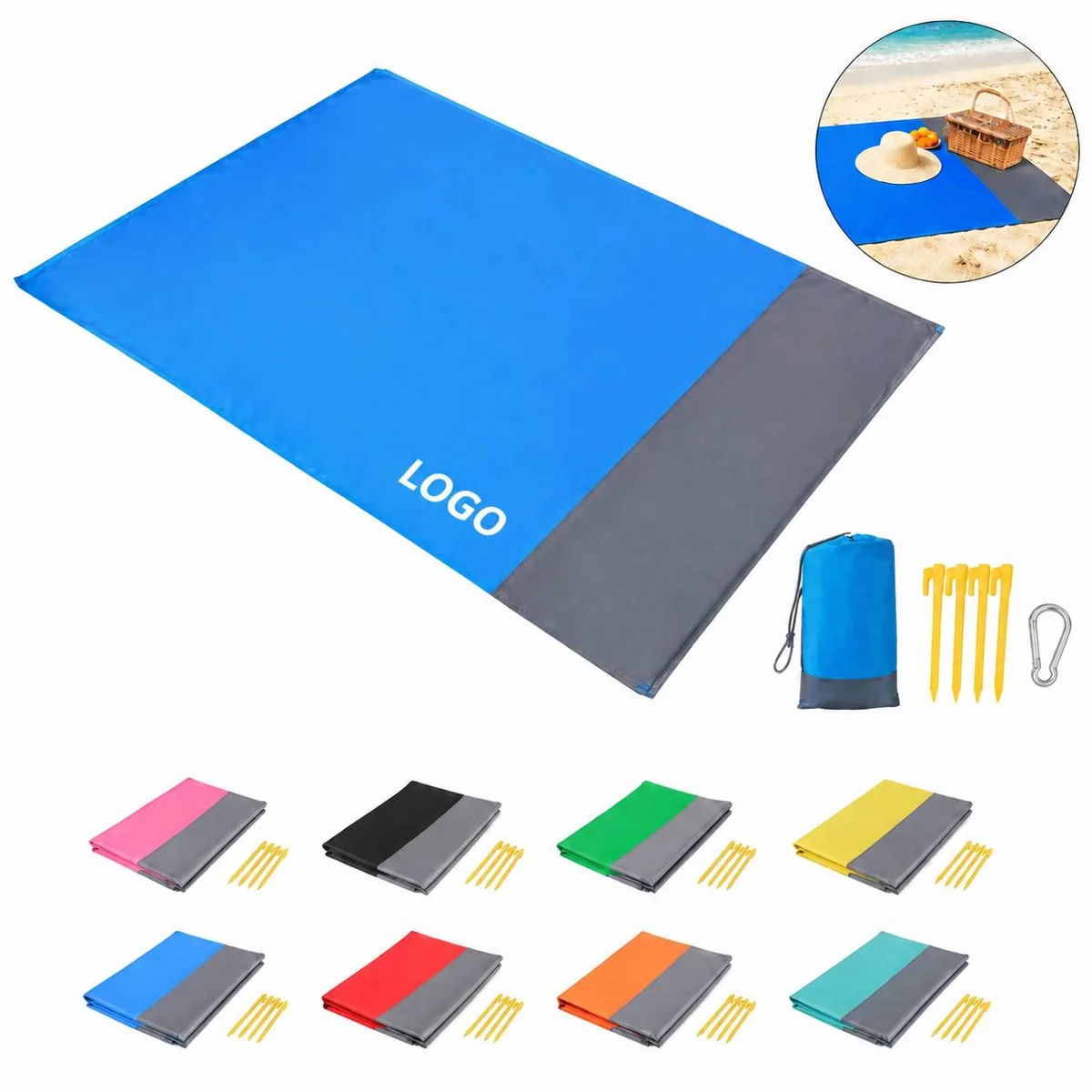 Sandproof Picnic Mat with Stakes, Quilted & Carry Bag
