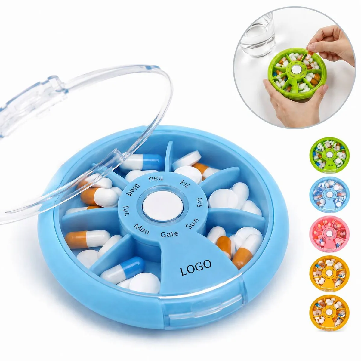 Rotating Weekly Pill Organizer Travel Case, Compact 7-Day