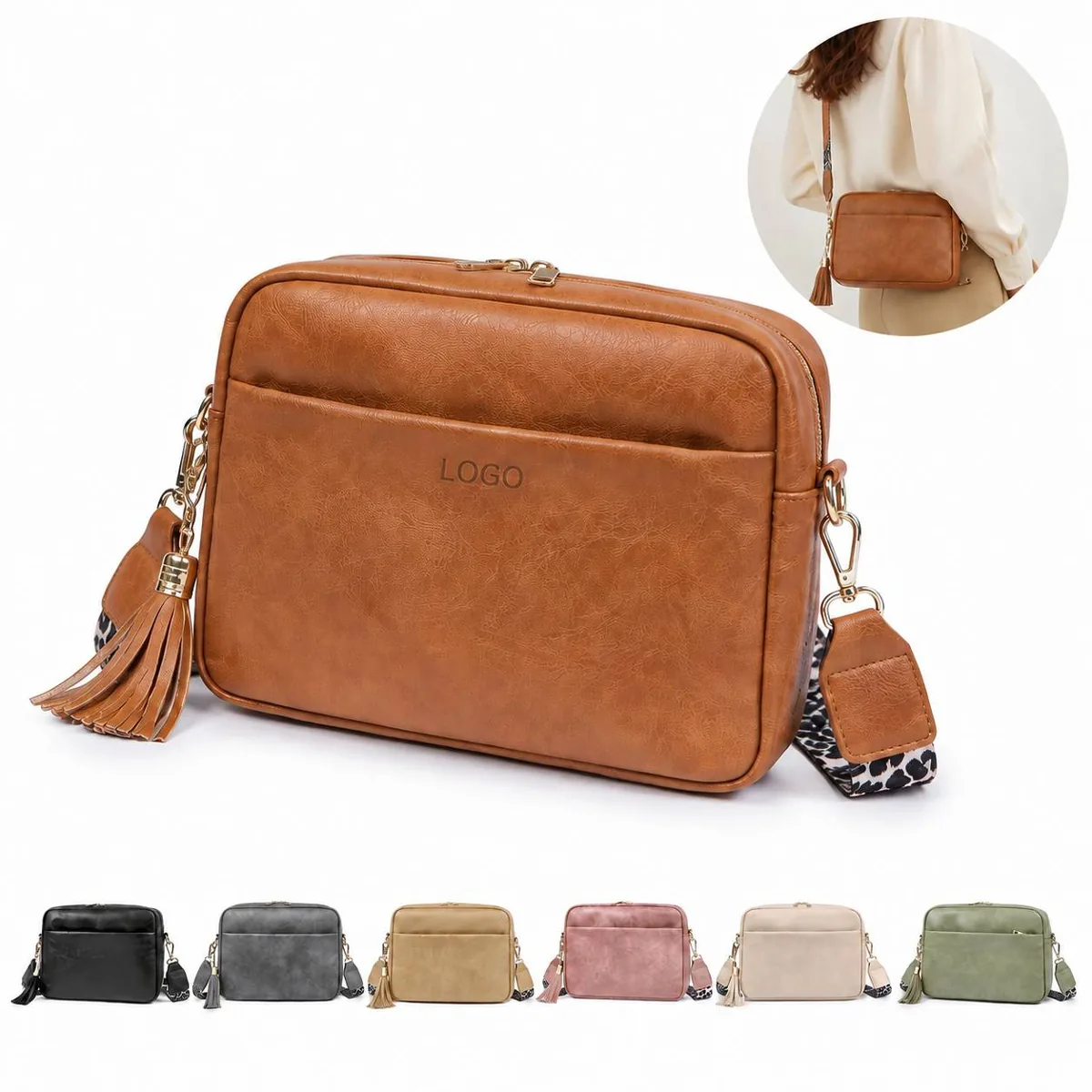 Waterproof PU Leather Foldable Crossbody Bag with Tassel