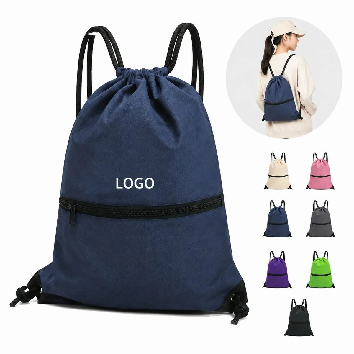 Custom Drawstring Backpack with Zip Pocket for Sport Travel