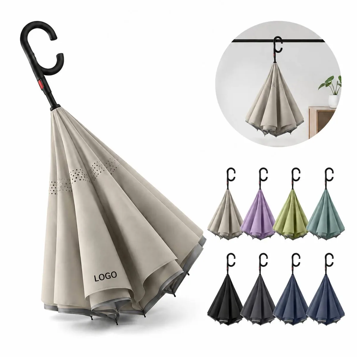 Inverted Auto Open Close Umbrella with C Handle, Rubber Grip