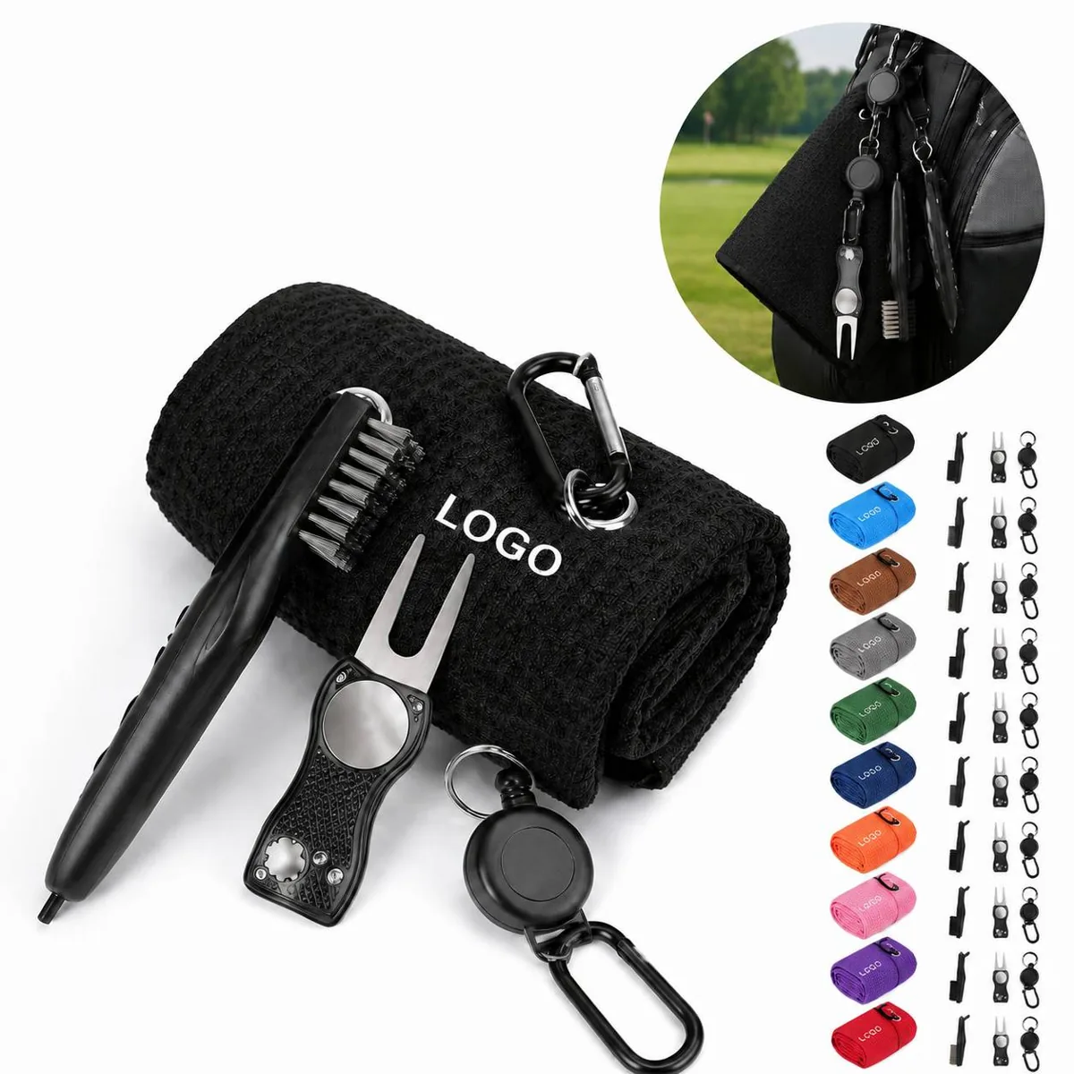 Golf Cleaning Towel Brush Divot Tool Kit with Microfiber