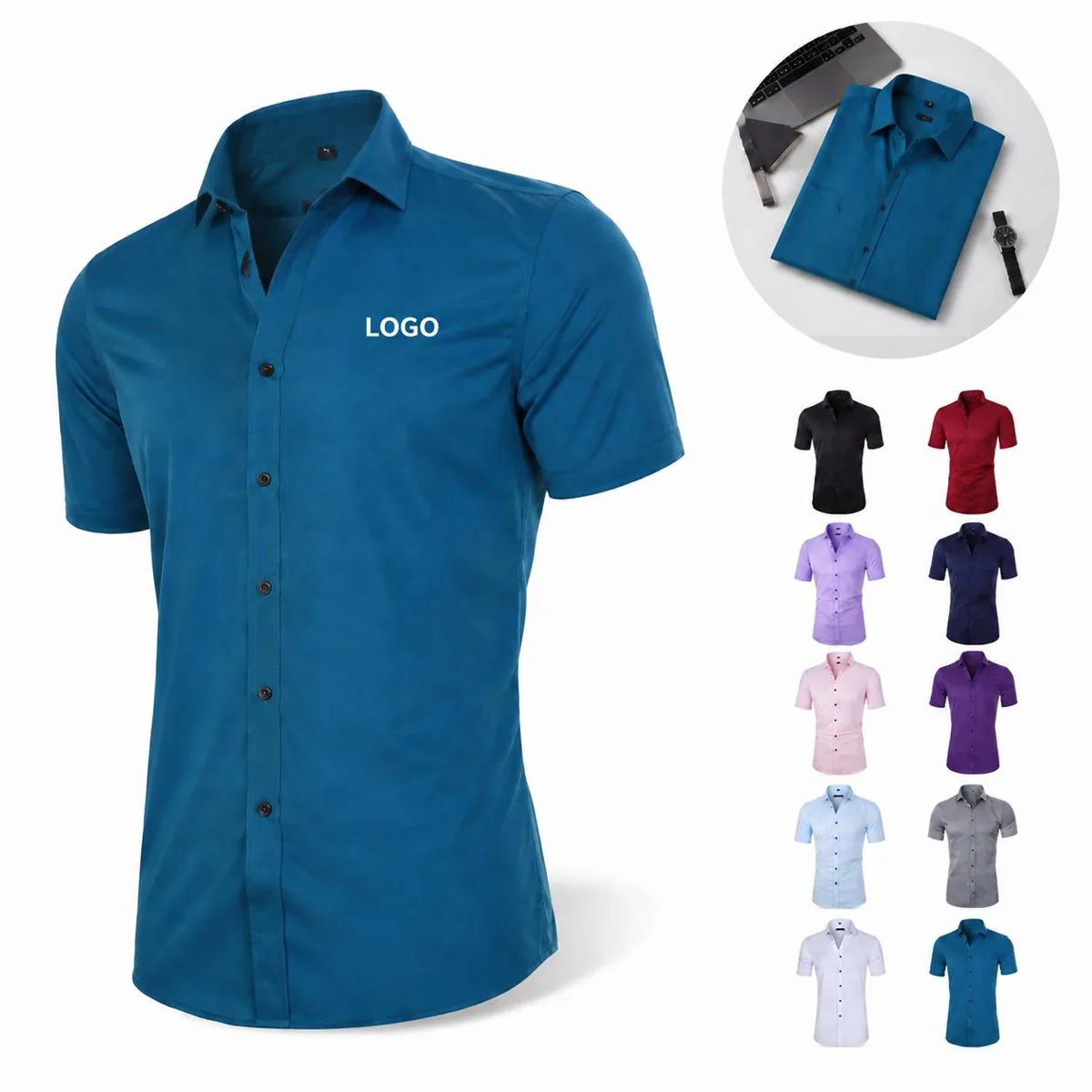Custom Logo Men's Stretch Fabric Button Down Shirt Short