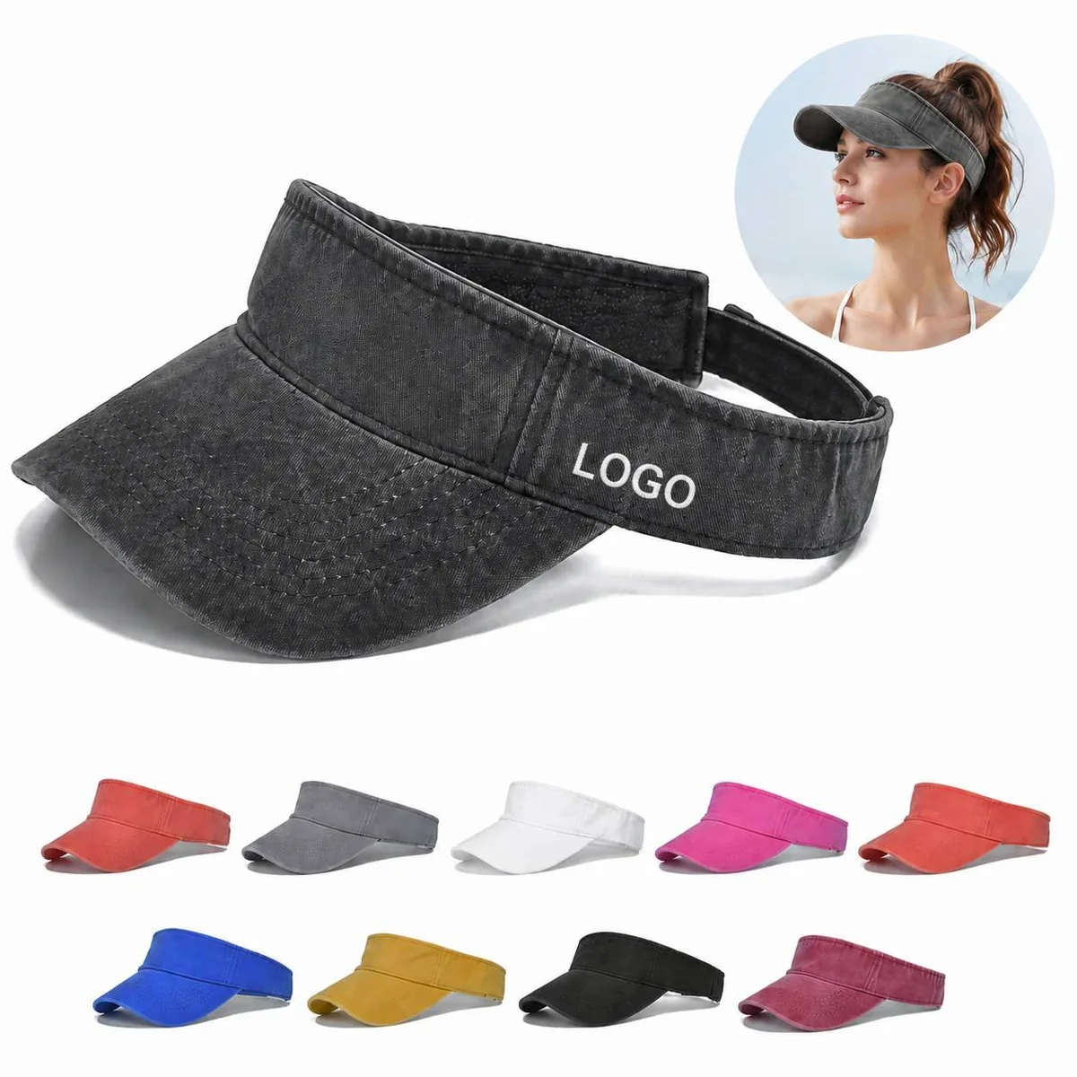 Washed Cotton Sun Visor Hat with Adjustable Strap