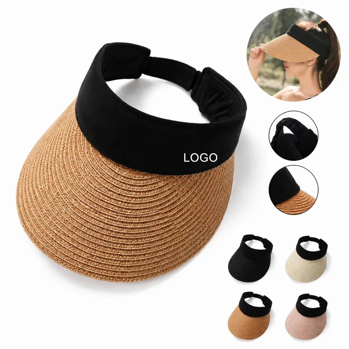 Women Breathable Paper Straw Visor Hat Open Top for Ponytail
