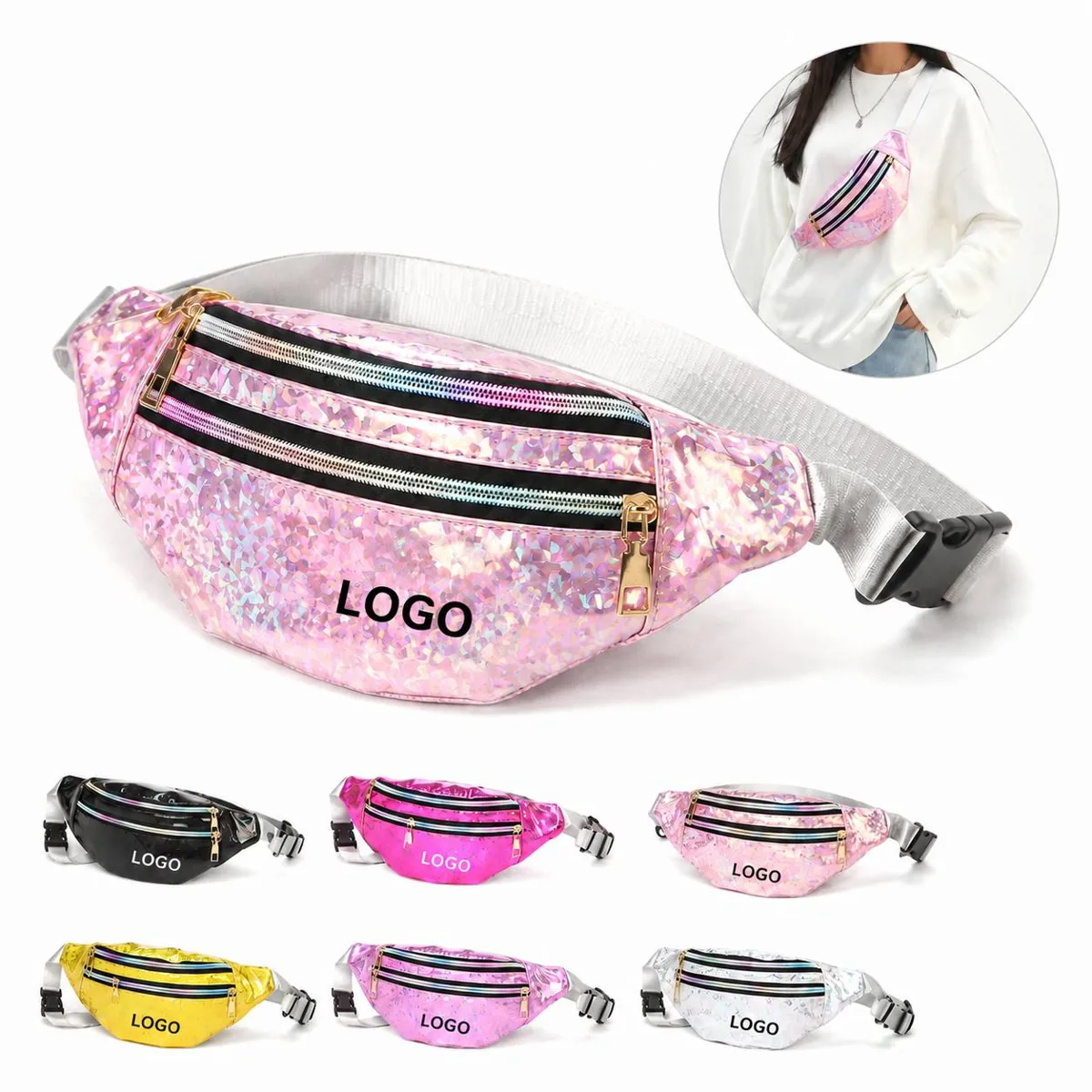 Holographic Waist Pack with 3 Zippered Pockets
