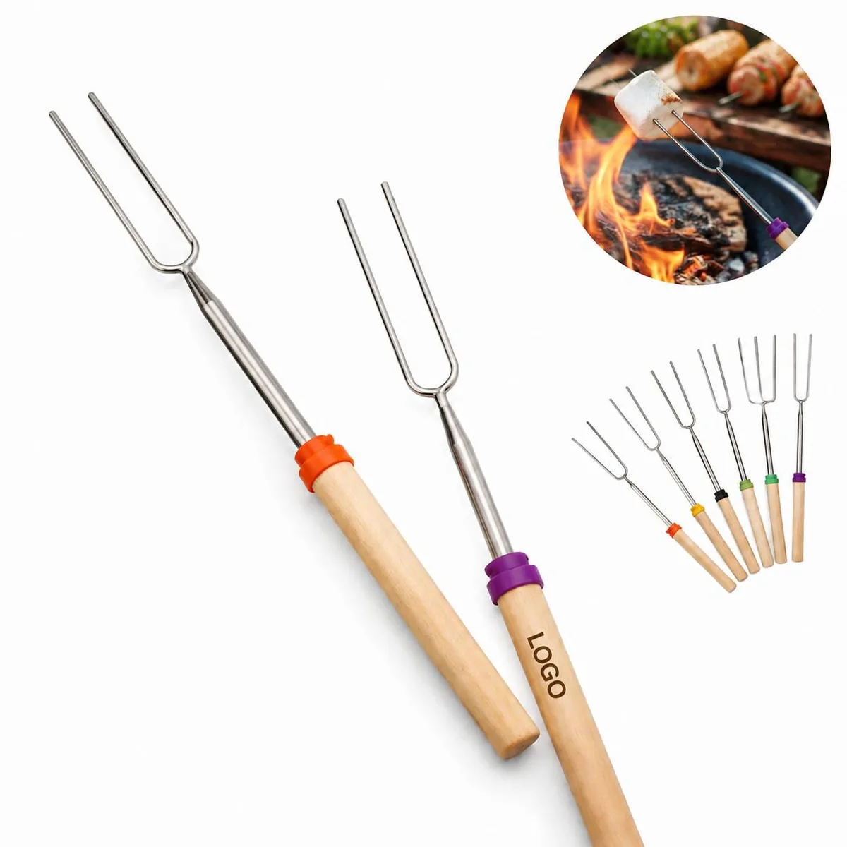 Stainless Steel BBQ Roasting Forks with Wooden Handles