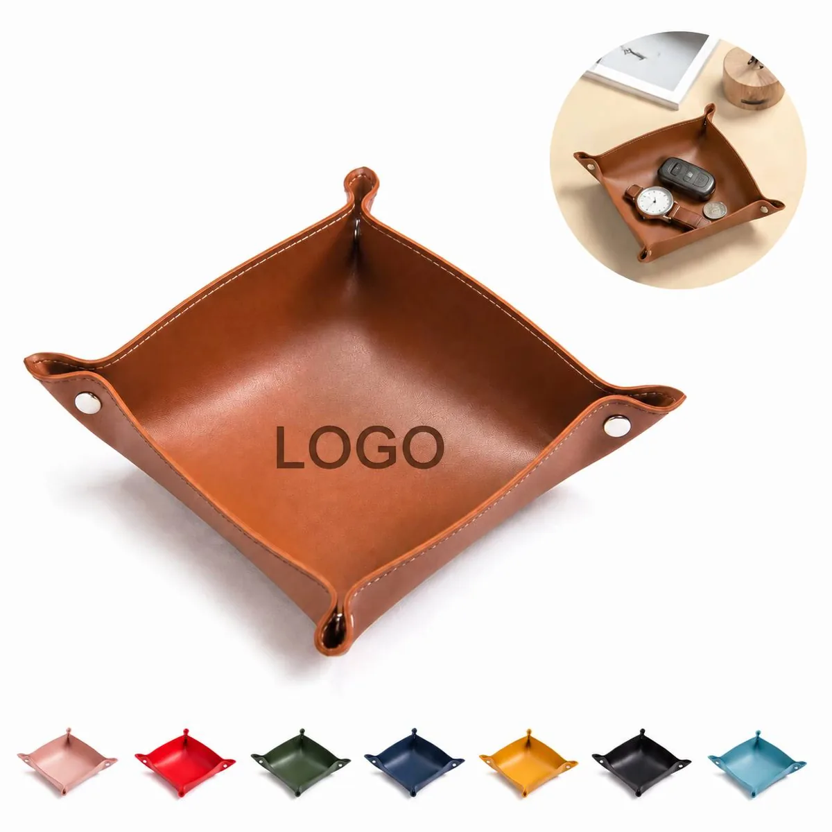 Collapsible Faux Leather Jewelry Catchall Tray with Button